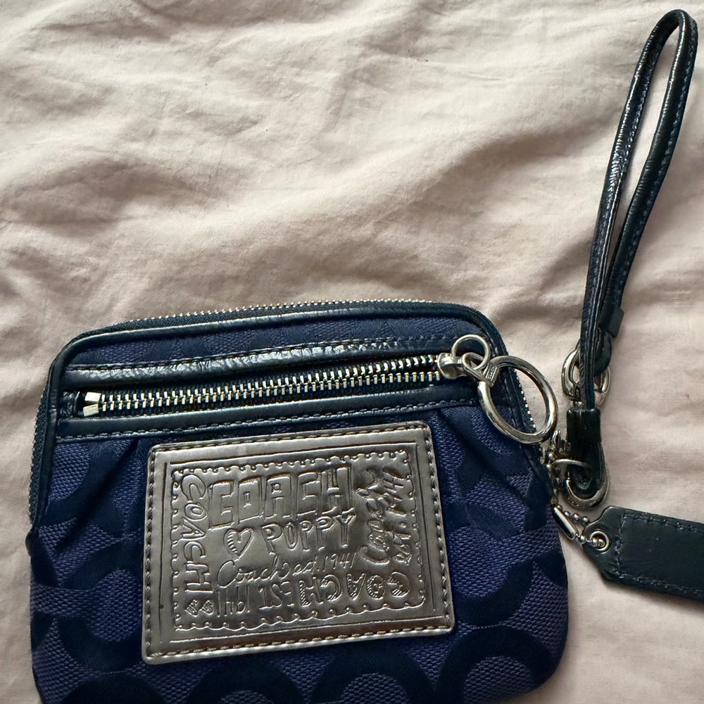 Coach Poppy Navy Signature Wristlet with Silver Plaque